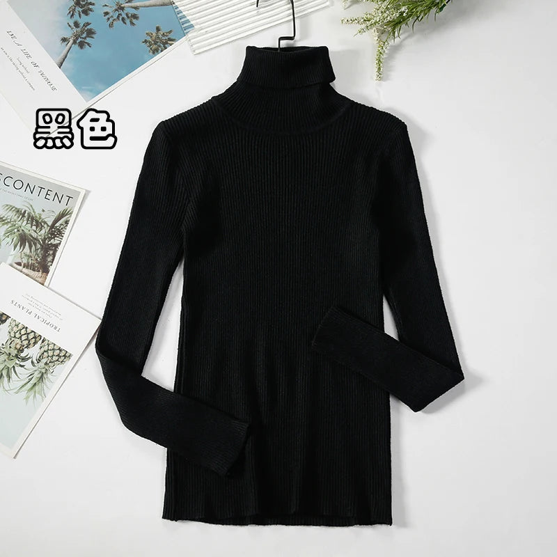 2025 Simple Women Turtleneck Sweater Winter Fashion Pullover Elastic Knit Ladies Jumper Casual Solid Black Female Basic Tops