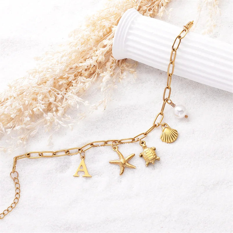 Stainless Steel Starfish Shell Bracelets Bohemian Ocean Beach 26 Letters Combination Hand Chain Sets Jewellery Women Gifts