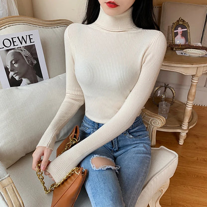 2024 Autumn Winter Women Long Sleeve Knitted Foldover Turtleneck Ribbed Pull Sweater Soft Warm Femme Jumper Pullover Clothes