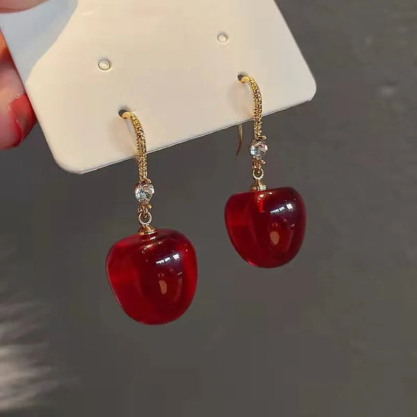 New Red Cherry Drop Earrings for Women Acrylic Crystal Hook Dangle Earrings Wedding Party Cute Sweet Jewelry Girls Gift