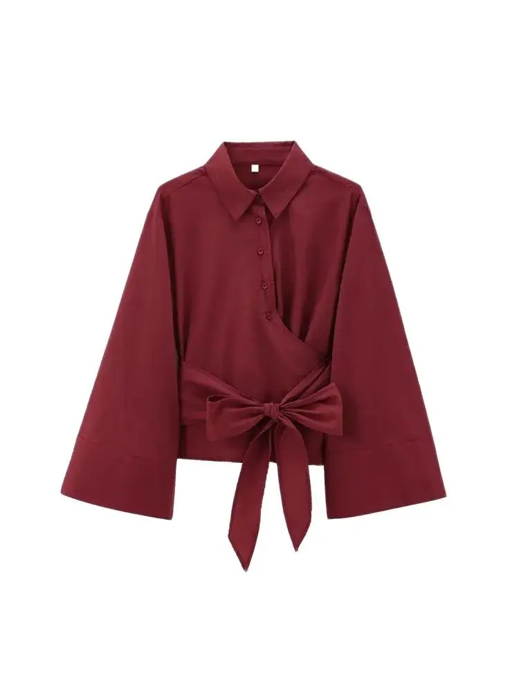 TRZA-Women's Long Sleeve Kimono Blouses With Bow Tie, Front Button, Female Shirts, Chic Tops, Fashion