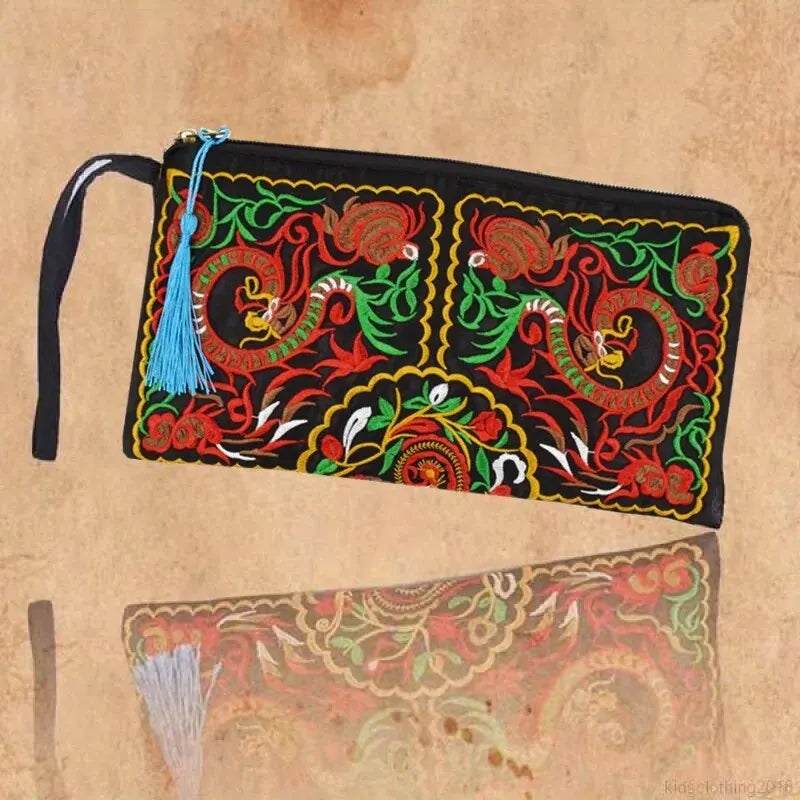 Ethnic Floral Embroidery Square Wallet with Wristlet Clutch Evening Bag - Perfect for Organizing Your Cell Phone and Essentials