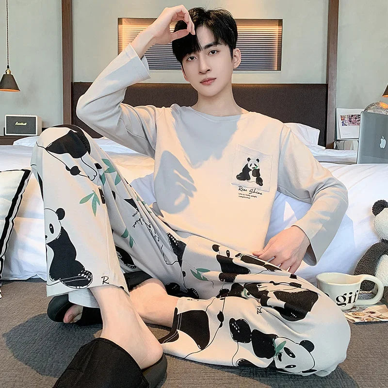 2024 Spring Autumn Plus 4XL Cotton Men's Sleepwear Pajamas Korean Fashion Pijamas Sets Casual Loungewear Pyjamas Night Fashion