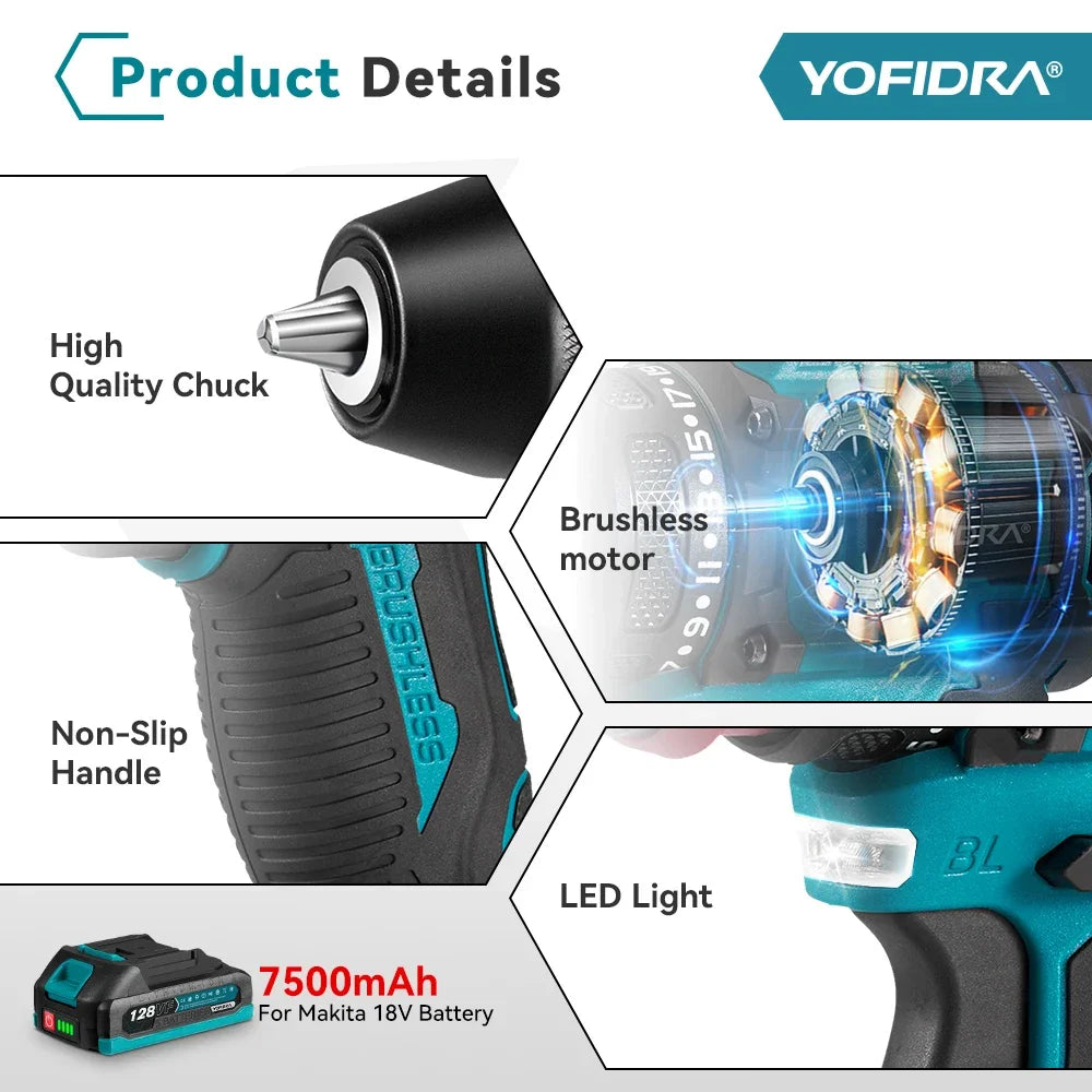 YOFIDRA 2 in1 Brushless Electric Screwdriver Hammer Cordless Drill Impact Multifunctional Power Tool  For Makita 18V Battery