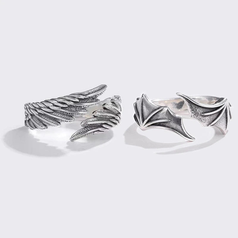 RAKOL Angel Wings Retro Open Ring Set For Lovers Women Men Design Ancient Silver Devil Wings Couple Ring Party Jewelry