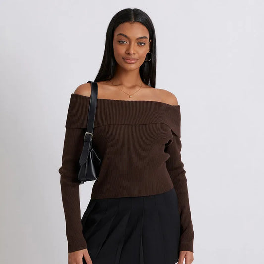 Top Women Off Shoulder Knit Sweaters Crop Tops Spring Autumn Clothes Elegant Long Sleeve Solid Color Slim Ribbed Sweaters