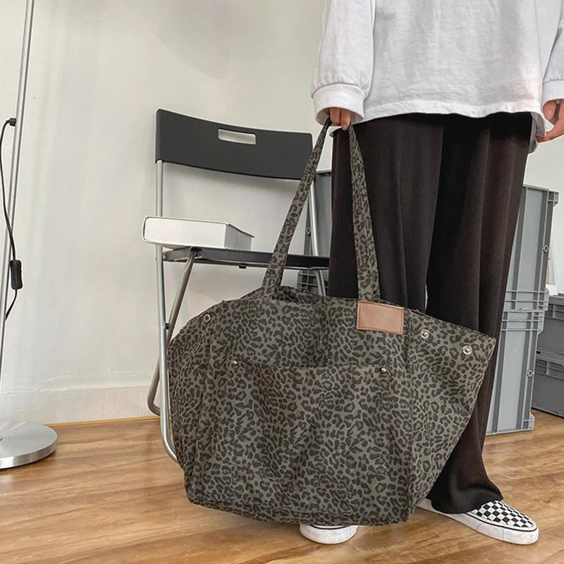 Women Shoulder Bags Canvas Totes Vintage Leopard Large Capacity Elegant Ladies Daily Leisure Handbags Designer Shopping Pouch