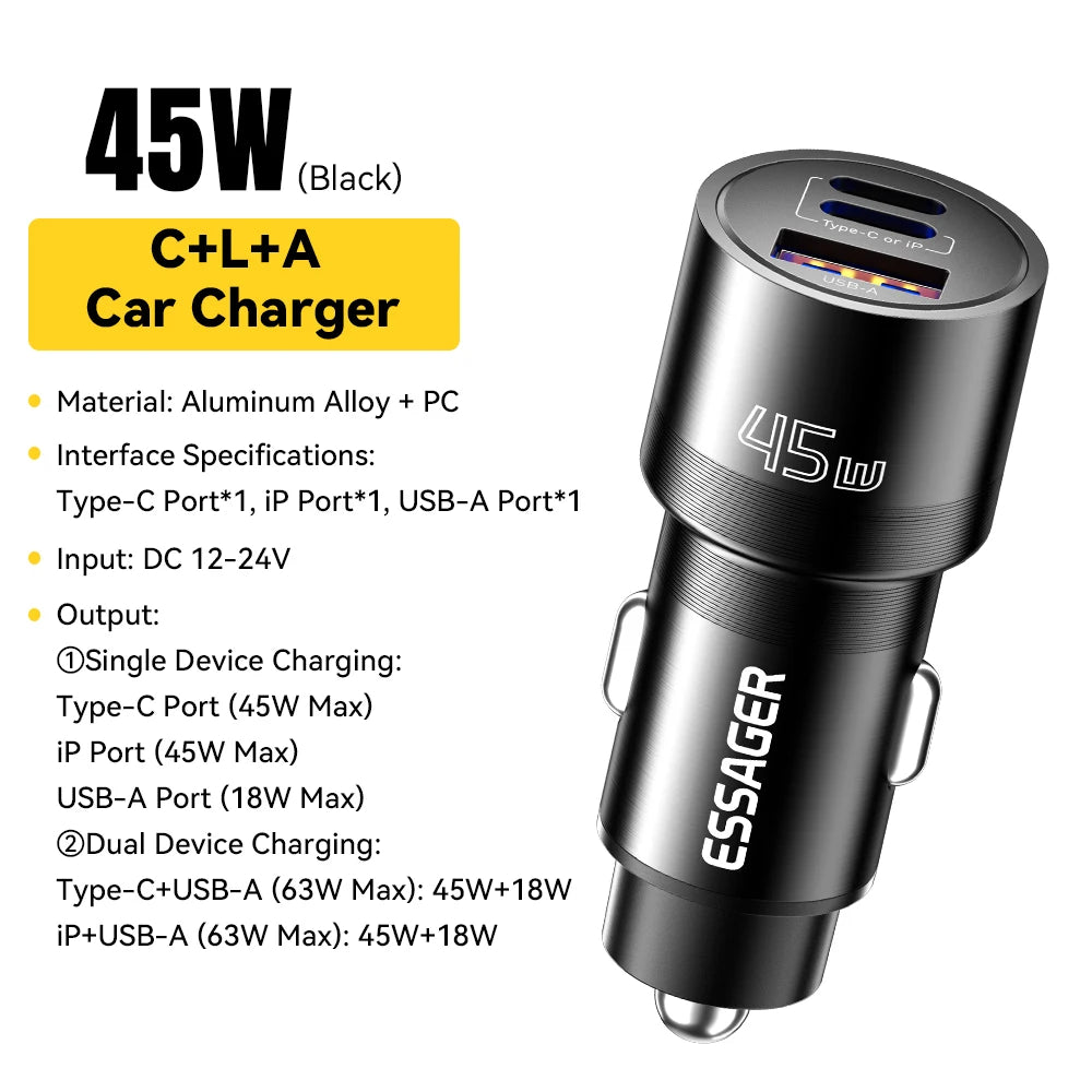 Essager iP Port Car Charger USB Type C PD QC 3.0 PPS 45W Fast Charging for iPhone 15 MacBook Samsung Xiaomi Mobile Phone Charger