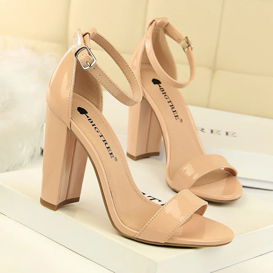 Summer Women 9.5cm High Heels Sandals Yellow Nude Purple Gladiator Square Block Heels Pumps Chunky Platform Bridal Grace 0509-1