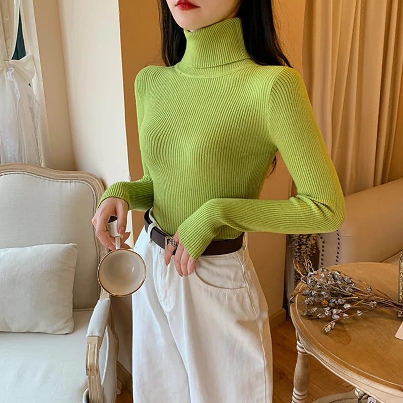 2024 Autumn Winter Women Long Sleeve Knitted Foldover Turtleneck Ribbed Pull Sweater Soft Warm Femme Jumper Pullover Clothes