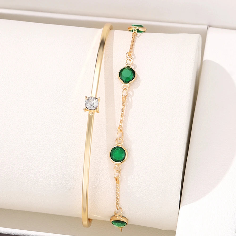 4 Piece Set Women Retro Green Diamond Square Bracelet Versatile Diamond Bracelet Fashionable Versatile Personalized Accessory