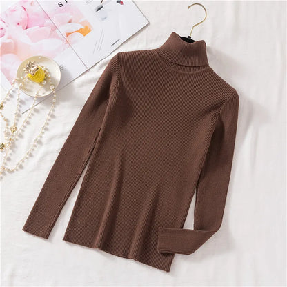 2024 Autumn Winter Women Long Sleeve Knitted Foldover Turtleneck Ribbed Pull Sweater Soft Warm Femme Jumper Pullover Clothes