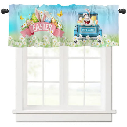 Easter Curtain Decorative for Kitchen Living Room Window Decor Rabbit Flowers Plant Retro Small Window Short Curtain 137x45cm