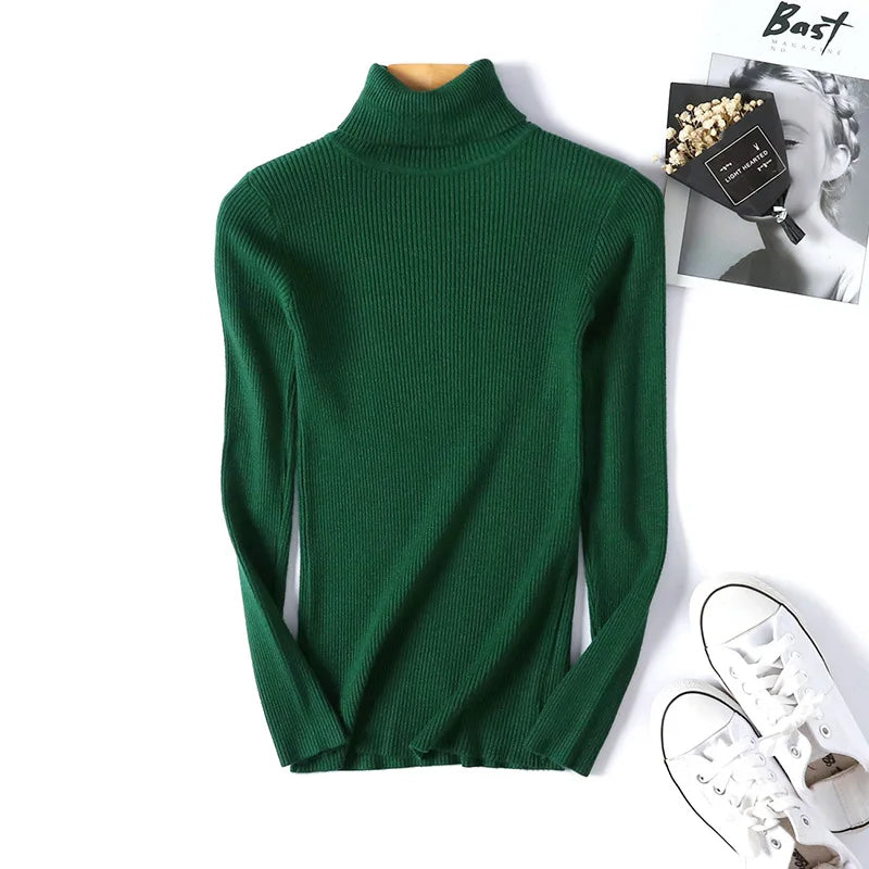 2024 Autumn Winter Women Long Sleeve Knitted Foldover Turtleneck Ribbed Pull Sweater Soft Warm Femme Jumper Pullover Clothes