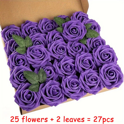 27pcs Artificial Flowers, Fake Flowers Roses W/stem For Party DIY Wedding Bouquets Centerpieces Arrangements, OPP bag packaging