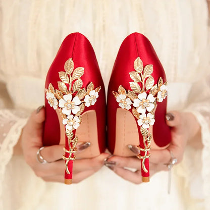 Fashionable light luxury sexy women's shoes,fashionable floral slim heels, high heels, wedding shoes, pointed satin single shoes