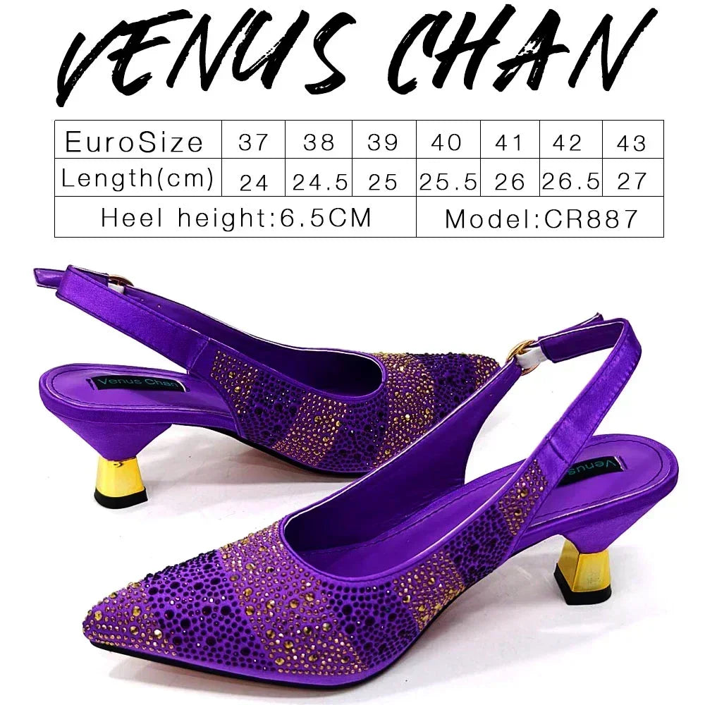 Venus Chan 2024 Hot Selling INS Pointed-Toe Luxury Style High Heels Sandal With Bag Set in Gold Color For Wedding Party Women