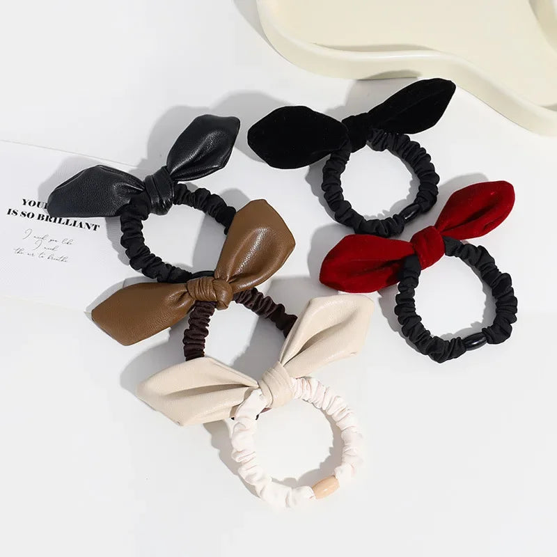 Korean New Leather Velvet Bow Elastic Bands Elegant Ponytail Hair Rope Hair Ties Headwear Girls Women Hair Accessories