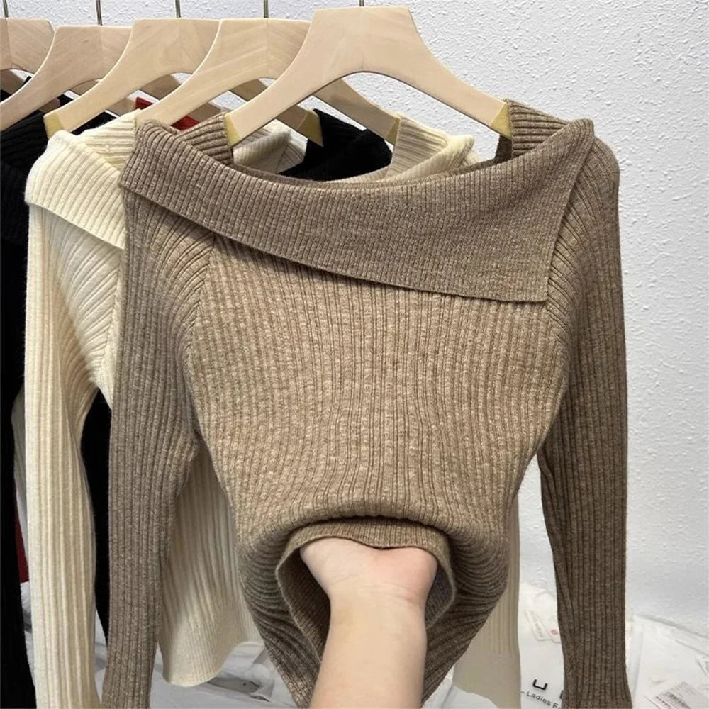 Women's Slim Sweater Pullover Tops Off-Shoulder Knit Basic Spring Autumn New Style Sweater Korean Fashion Winter Clothes Women