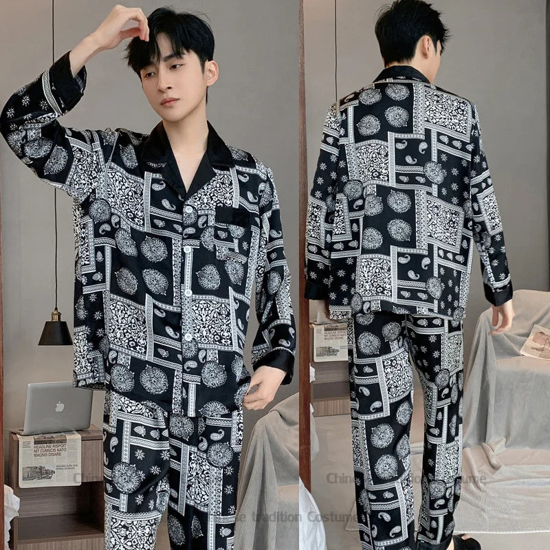 Satin Sleepwear Luxury Print Trousers Suit Male's Home Clothes Long Sleeve Trousers Set Men Casual Nightwear Fashion Outwear