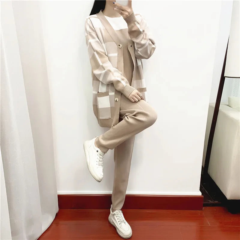 Spring Autumn Plaid Knit Women's Tracksuit Cardigan sweater coat + short sleeved top + Solid Harem Pants 3 Piece Set Women