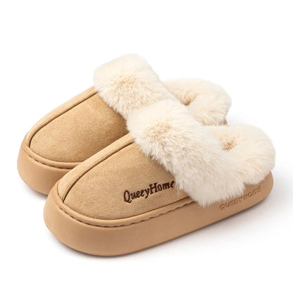 Queeyhome Winter Women Flat-Bottomed Plush Commute Solid Color Versatile Cotton Slippers Warm Cozy Indoor-Outdoor Man Shoes