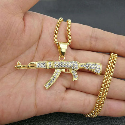 Hip Hop Iced Out Bling AK47 Gun Pendant With Chain Gold Color Stainless Steel Military Necklace For Men Women Jewelry Gift