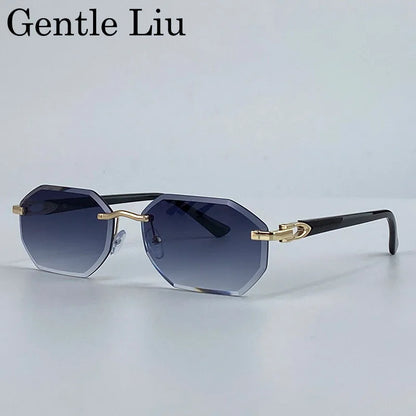 Small Frame Hexagon Rimless Sunglasses Men 2025 Luxury Brand Rectangle Sun Glasses Male Retro Cutting Lens Vintage Eyewear UV400