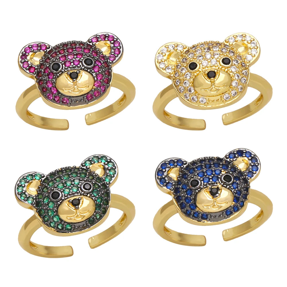 OCESRIO Multicolor Crystal Cute Bear Rings for Women Copper Gold Plated CZ Animal Open Ring Jewelry Women Girl Gift rigk70