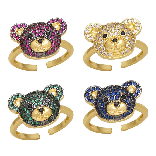 OCESRIO Multicolor Crystal Cute Bear Rings for Women Copper Gold Plated CZ Animal Open Ring Jewelry Women Girl Gift rigk70