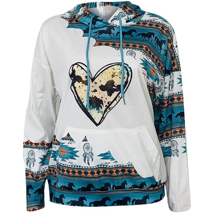 Womens Casual Geometric Horse Print Long Sleeve Drawstring Pullover Tops, Ethnic Style Hooded Sweatshirt