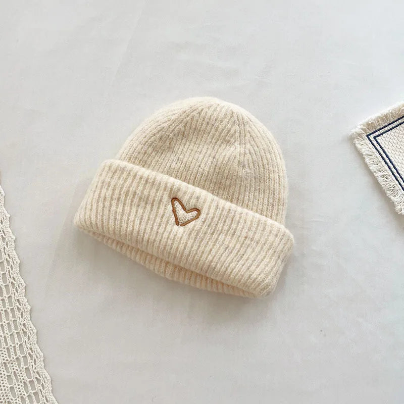 Love Heart Embroidery Baby Knit Hats Winter Children Solid Color Thick Soft Crochet Warm Beanie Cap Kids Korean Outdoor Warm Hat