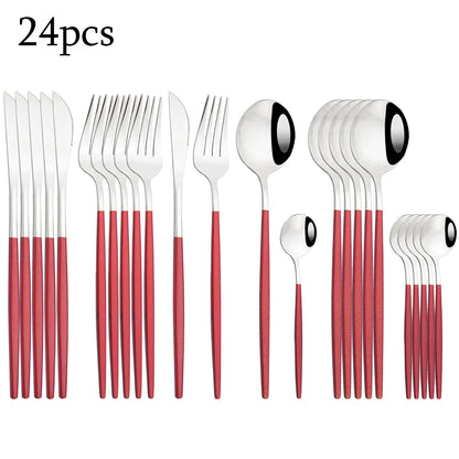 Zoseil Cutlery Set in Red and Gold Stainless Steel 24 Pcs Dinnerware Set in Flatware Kitchen Dinner Mmirror Stainless Steel