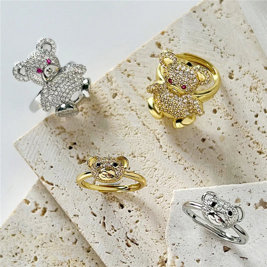 HECHENG,Simple Vintage  Zircon Bear Rings Animal Bear Rings For Women Teens Fashion Aesthetic Jewelry