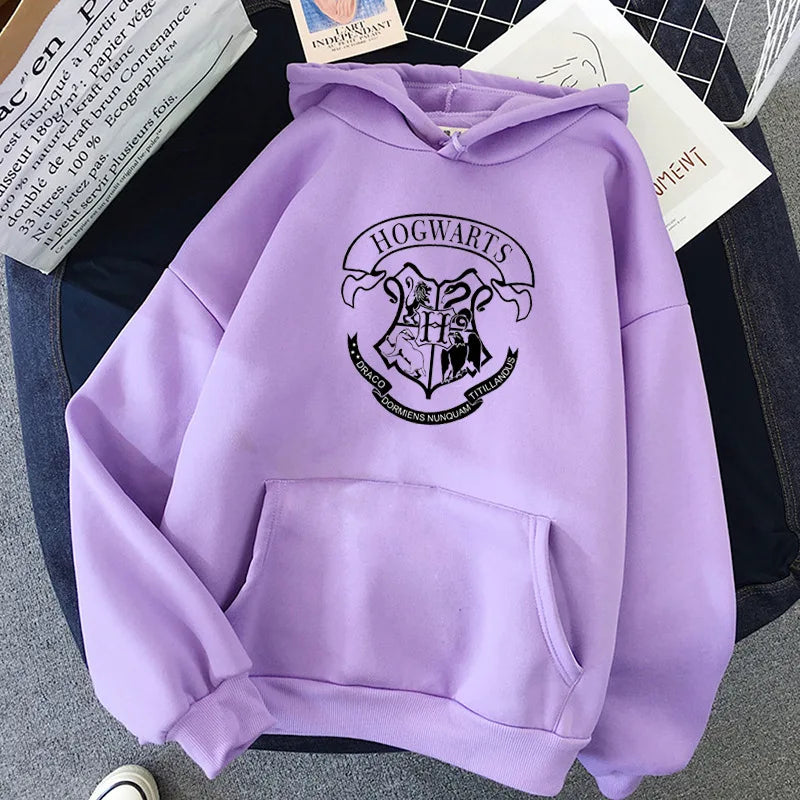 Fashion y2k Hogwarts Printed Hoodies Women Sweatshirt Autumn Winter Long Sleeves Plus Velvet Casual Loose Fleece Tops Oversized