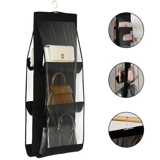 Foldable Oxford Fabric Handbag Organizer: 6-Pocket Storage for Black Handbags, Ideal for Family Closet & Bedroom Use.