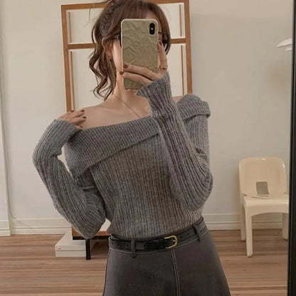 High End One Shoulder Knitted Sweater for Women with a Niche Design Slim Fit and Slimming Top