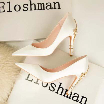 Fashionable light luxury sexy women's shoes,fashionable floral slim heels, high heels, wedding shoes, pointed satin single shoes