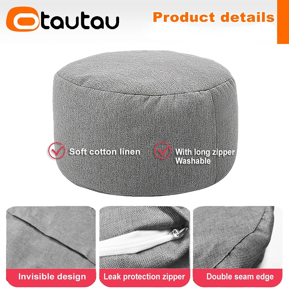 OTAUTAU Round Stool D30cm*H20cm Linen Bean Bag Ottoman with Filling Beanbag Pouf Footstool Tatami Futon Puff JD001