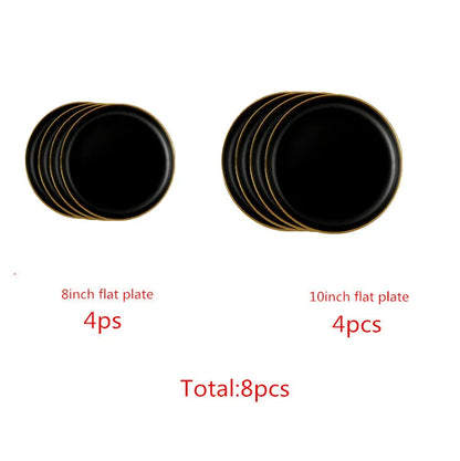 Gilt Rim Black Porcelain Dinner Plates Kitchen Dishes Ceramics Tableware Food Tray Rice Salad Noodles Bowl Cutlery Set