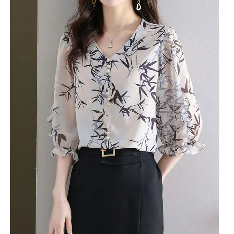 Summer Elegant Fashion Printed 3/4 Sleeve Shirt Women's Clothing Commute Loose Beading Spliced V-Neck Chiffon Blouse for Female