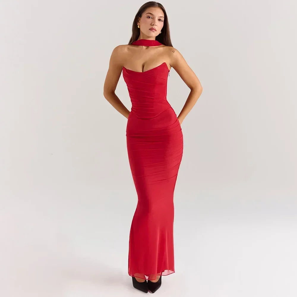 Suninheart Elegant Women 2 Piece Dress Set 2024 Strapless Bodycon Crop Top and Maxi Skirt Set Formal Wedding Guest Party Dress