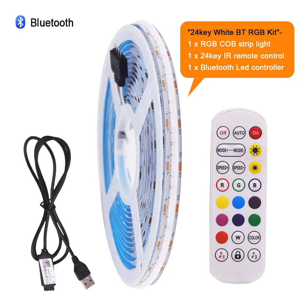 5V USB RGB COB LED Strip Light Wifi Bluetooth-compatible Remote Control 24key 44key Kit 576 LEDs Flexible Tape Linear Lighting