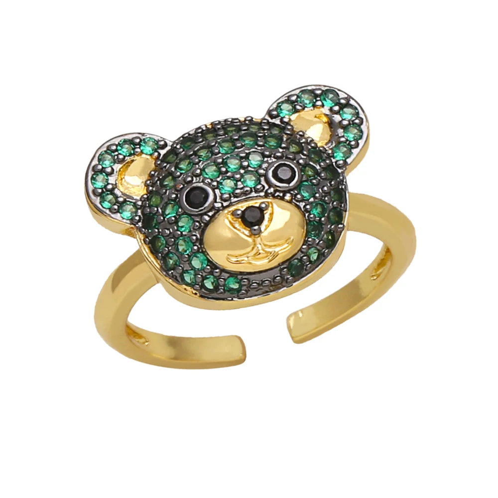 OCESRIO Multicolor Crystal Cute Bear Rings for Women Copper Gold Plated CZ Animal Open Ring Jewelry Women Girl Gift rigk70