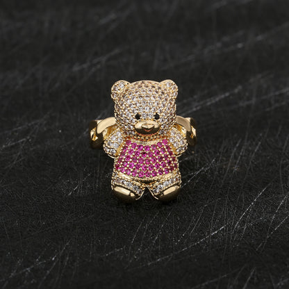 New Original 14k Gold Plated Fashion Colorful Cute Teddy Bear Ring Suitable for Women and Girls Animal Personality Jewelry