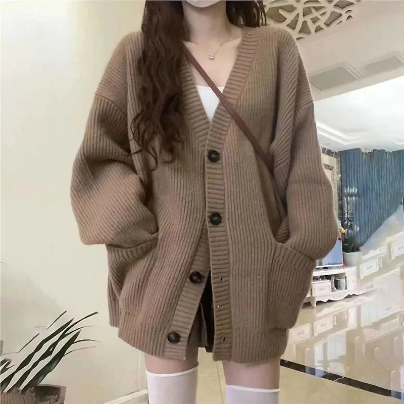 Autumn Winter Women Cardigan Sweater Coats Fashion Female Long Sleeve V-neck Loose Knitted Jackets Casual Sweater Cardigans