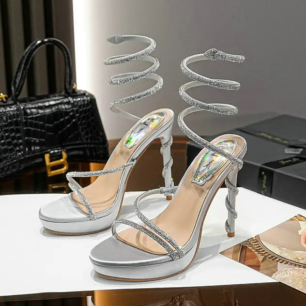 Hottest Rhinestone One-line Sandals Women's Serpentine Winding Sexy Open Toe Stiletto Platform Heels