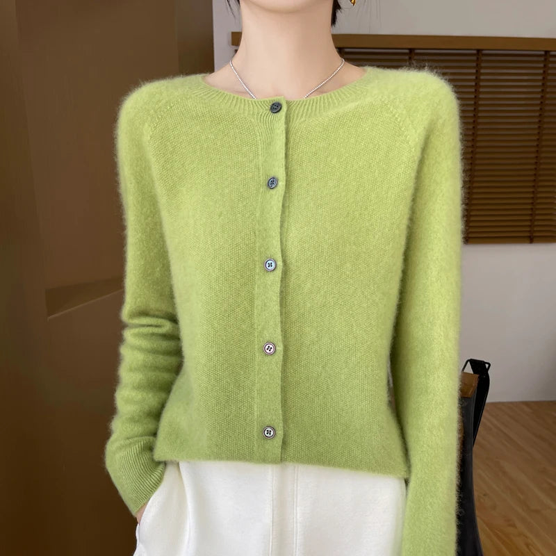 100% Merino Wool Long Sleeve Sweaters Cashmere Cardigan Spring Autumn Women O-Neck Knitwear Tops Clothing Fashion Basic Tops