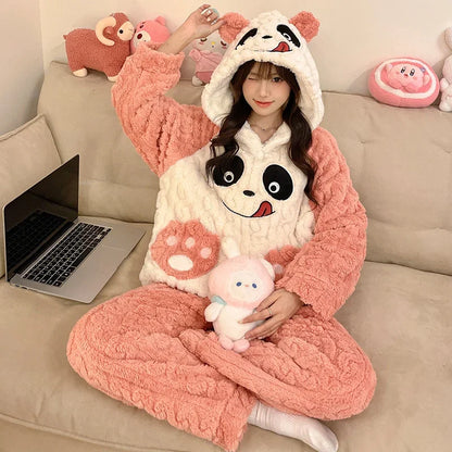 Winter Sleepwear Women Pajama Set Fleece Velvet Cute Panda Home Suit Plush Hooded Piiama Korean Warm Night Wear Homewear Pijama