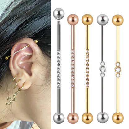 1PC Stainless Steel Industrial Barbell Long Bridge Micro Insert Zircon Earring Transversal Women Ear Piercing Jewelry 16G